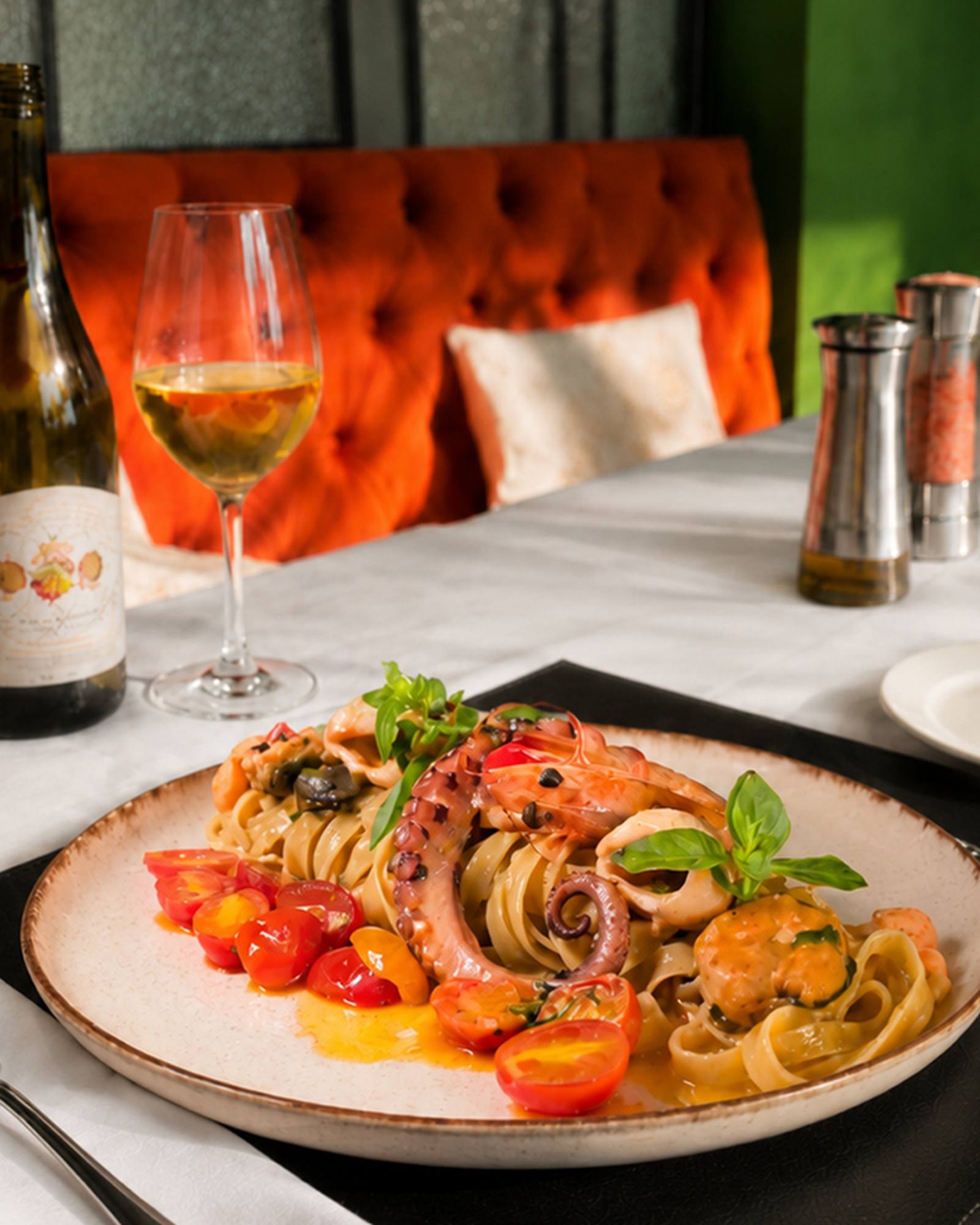 Tagliatelle com polvo e tomatinhos